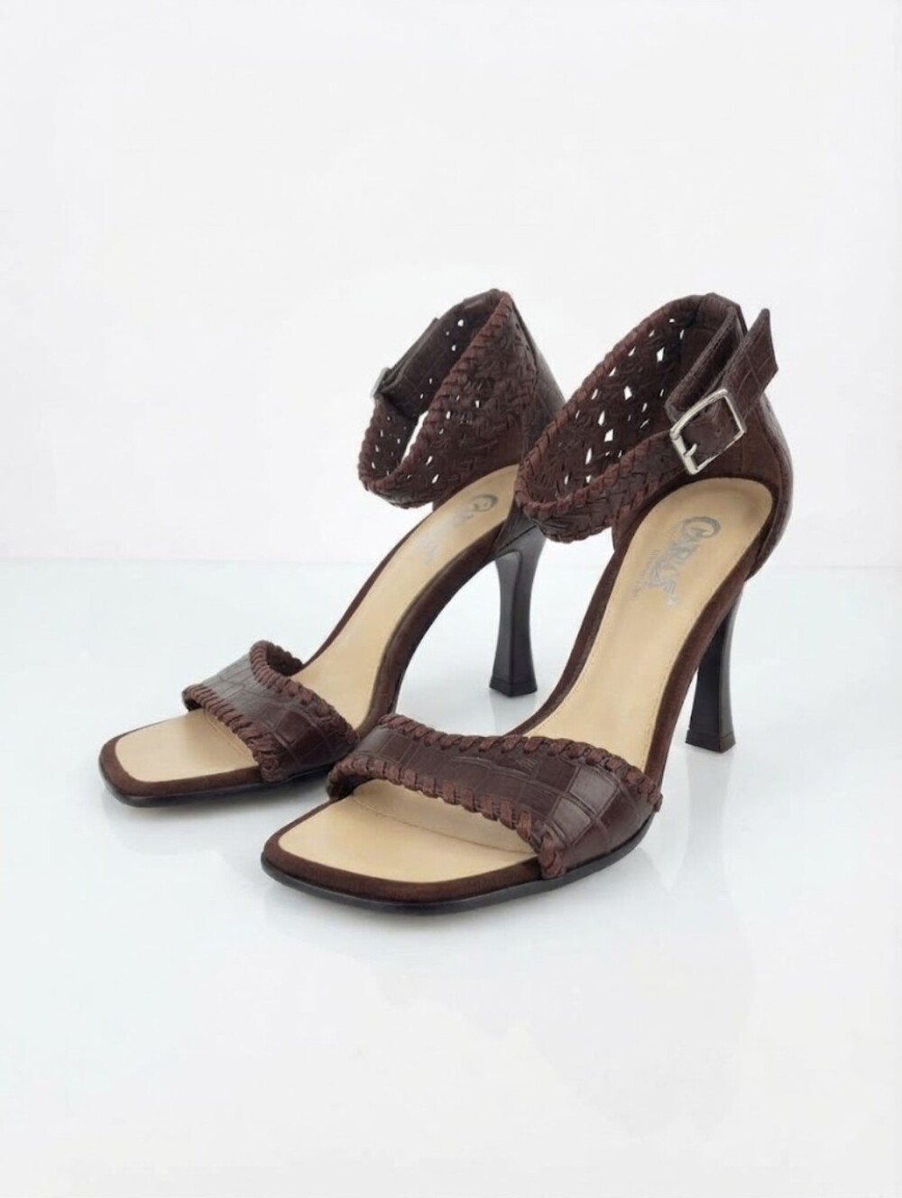 Vintage Y2K Carlos Santana Brown Woven Ankle-Strap High Heel Sandals Size 5.5